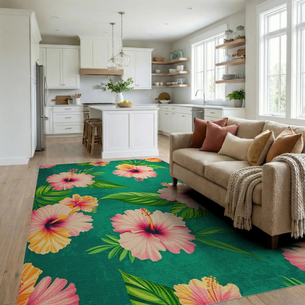 Tropical Pink Hibiscus Leaves Teal Rug - Living Room View