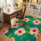Tropical Pink Hibiscus Leaves Teal Rug - Office View