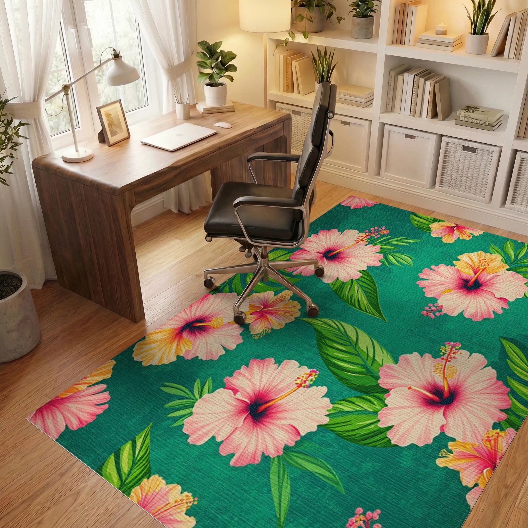 Tropical Pink Hibiscus Leaves Teal Rug - Office View