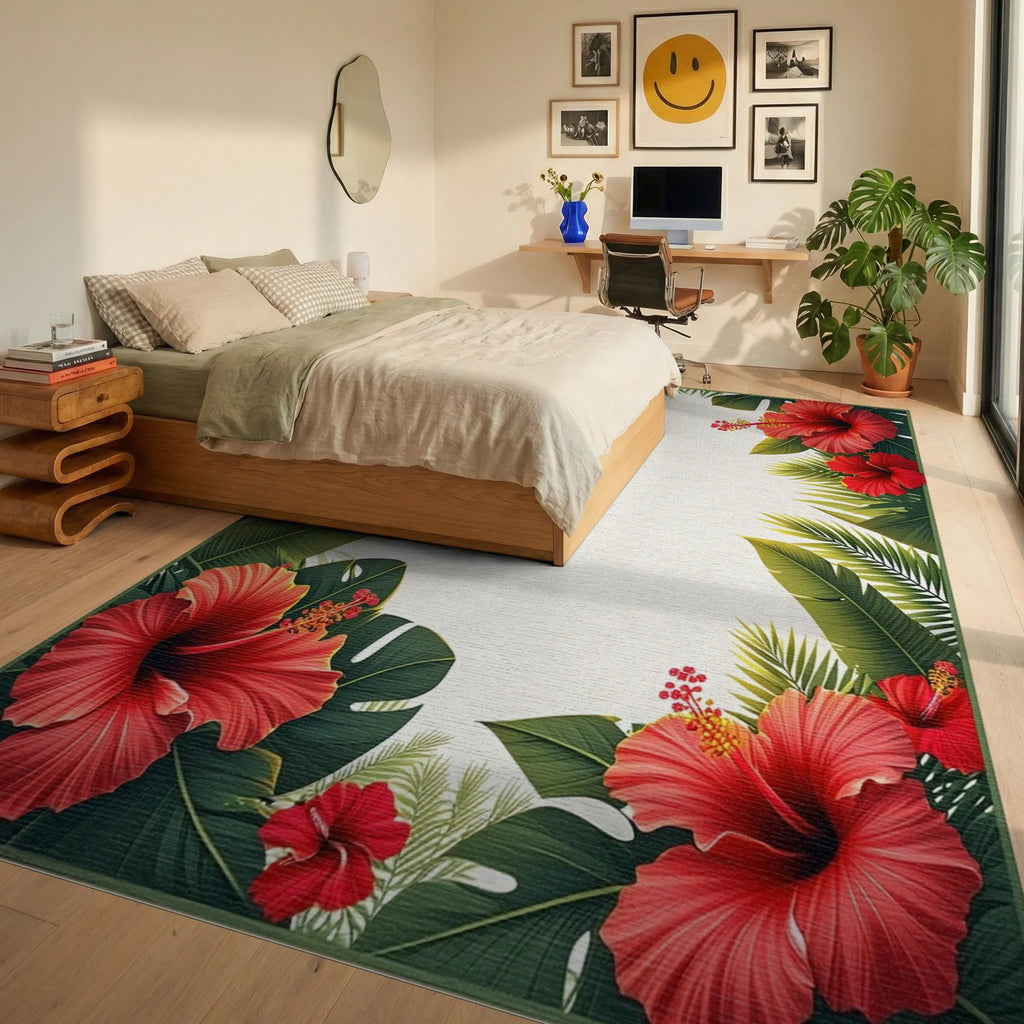 Tropical Red Hibiscus Green Foliage Arrangement Rug Bedroom View