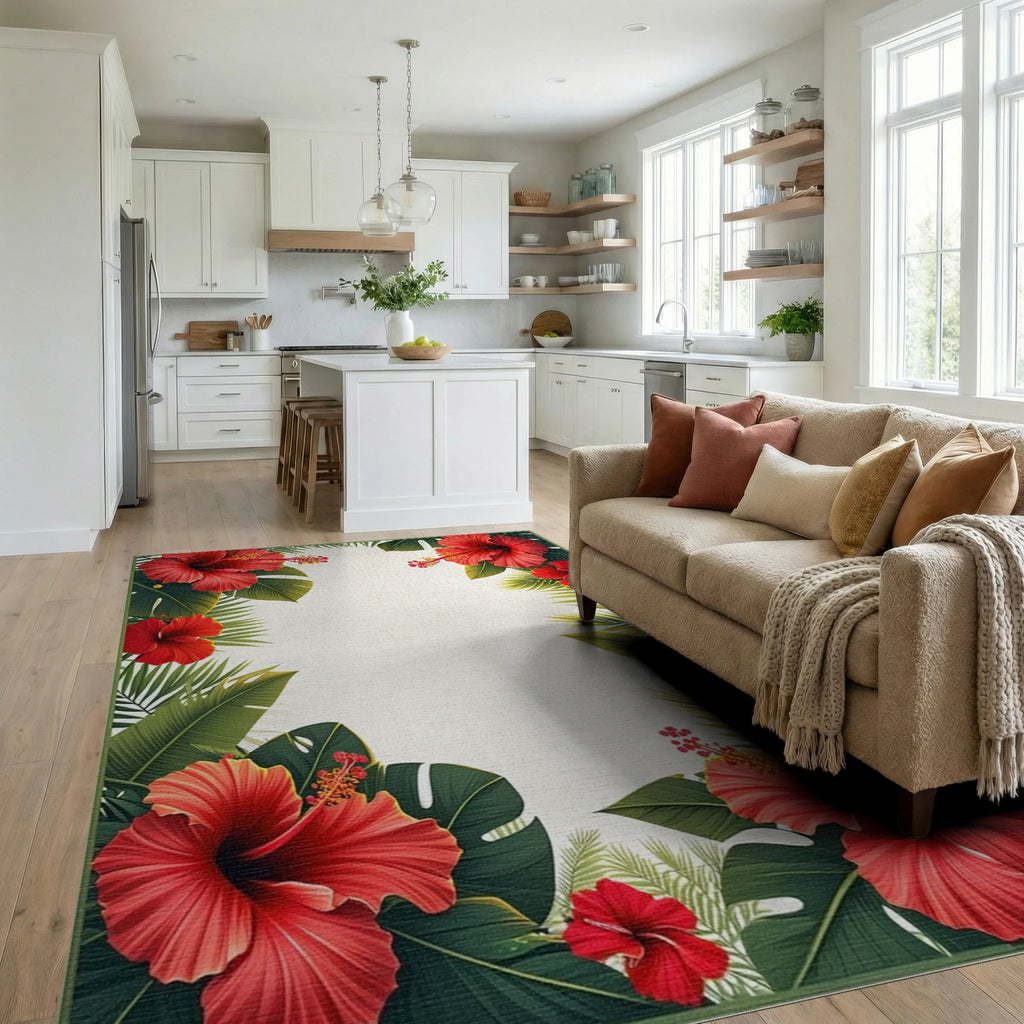 Tropical Red Hibiscus Green Foliage Arrangement Rug Living Room View