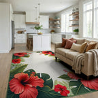 Tropical Red Hibiscus Green Foliage Arrangement Rug Living Room View