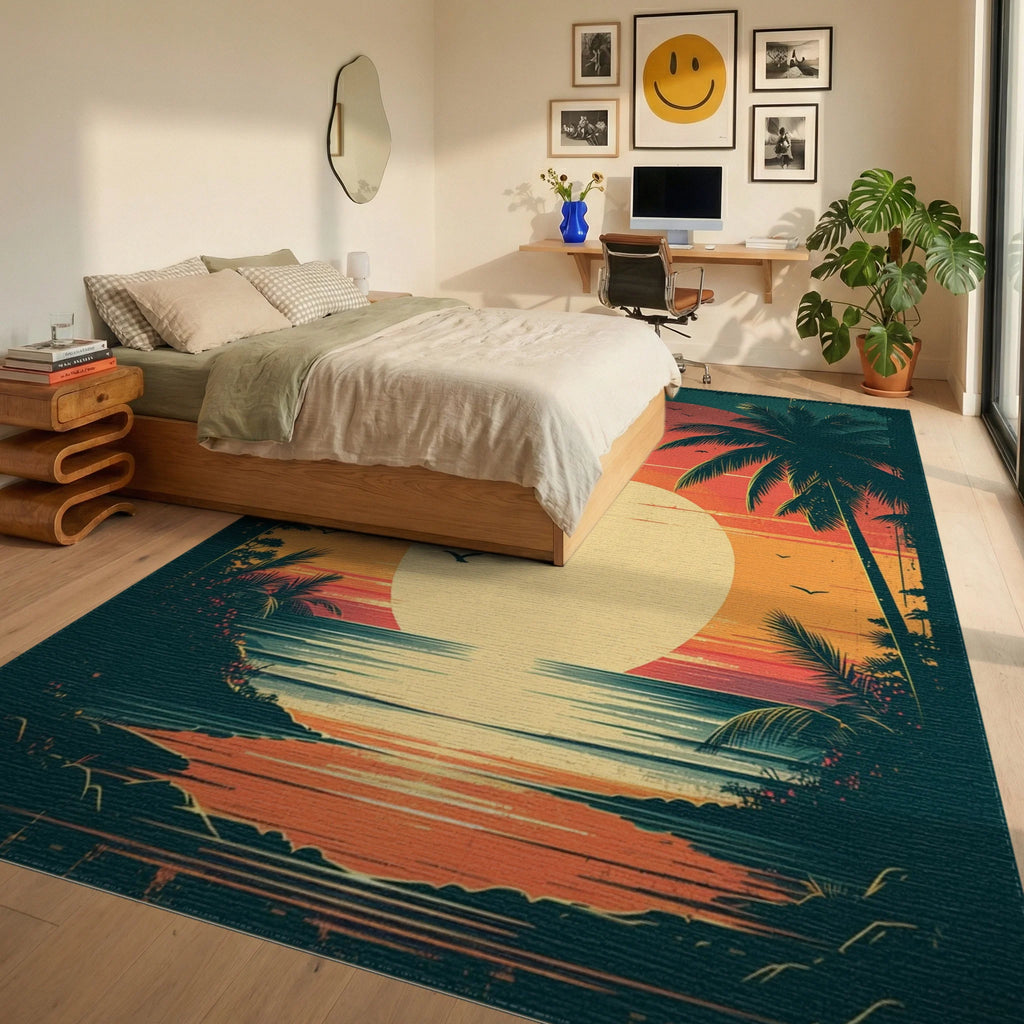 Tropical Sunset Beach Palm Tree Design Rug Bedroom View