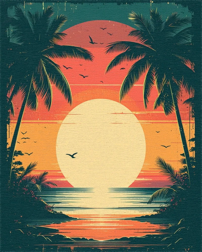 Tropical Sunset Beach Palm Tree Design Rug - Cutout View