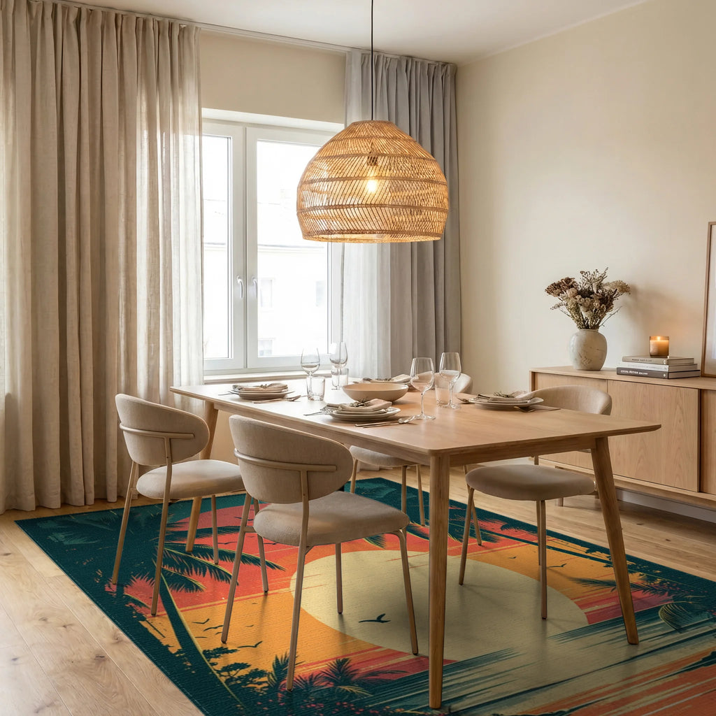 Tropical Sunset Beach Palm Tree Design Rug Dining Room View