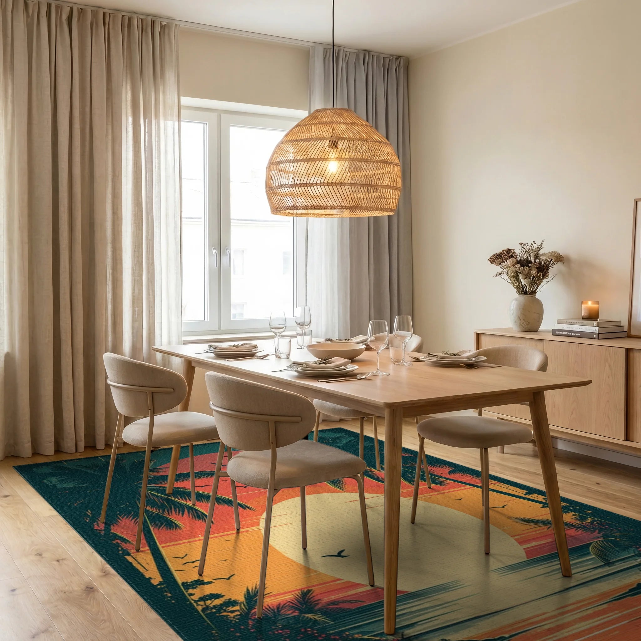 Tropical Sunset Beach Palm Tree Design Rug Dining Room View