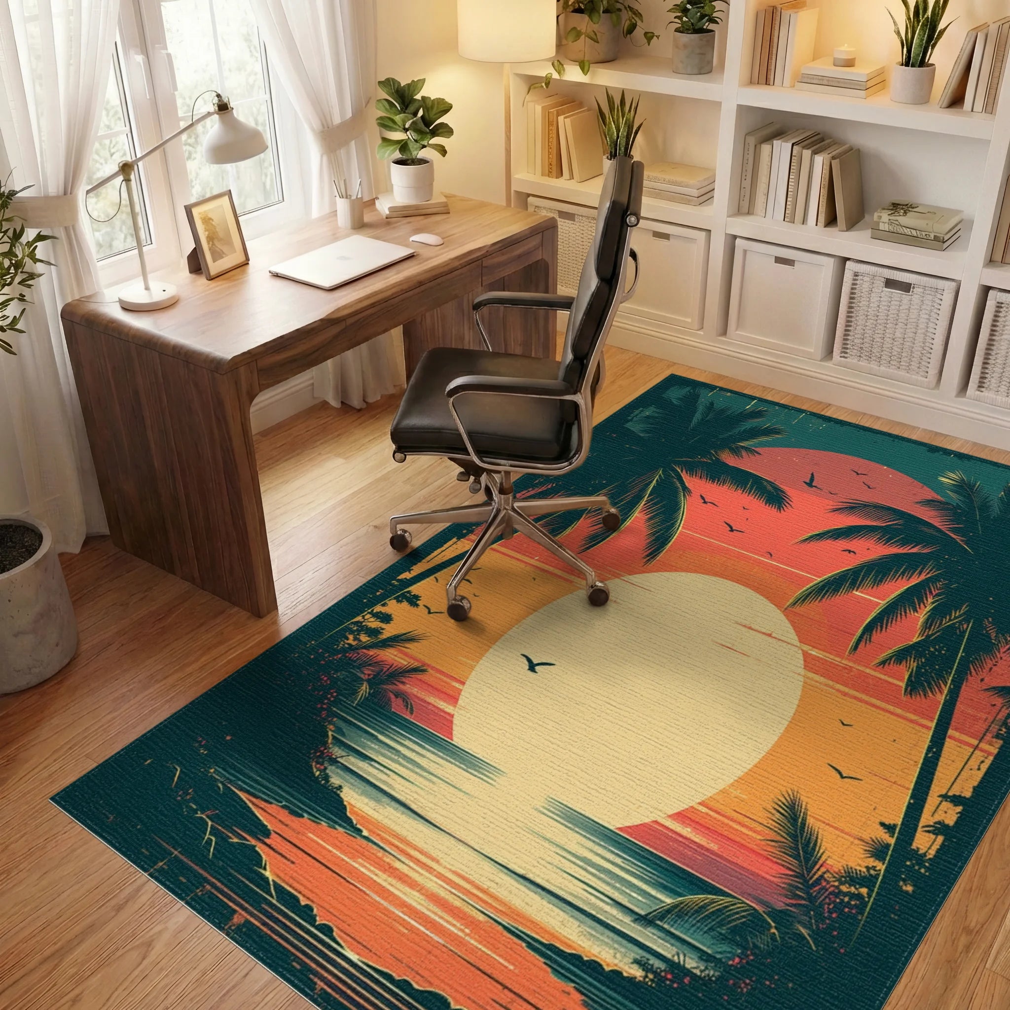 Tropical Sunset Beach Palm Tree Design Rug Office View