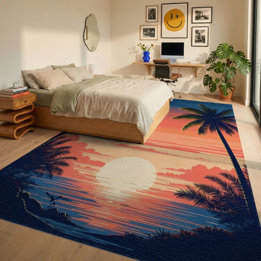 Tropical Sunset Palm Tree Landscape Rug - Bedroom View
