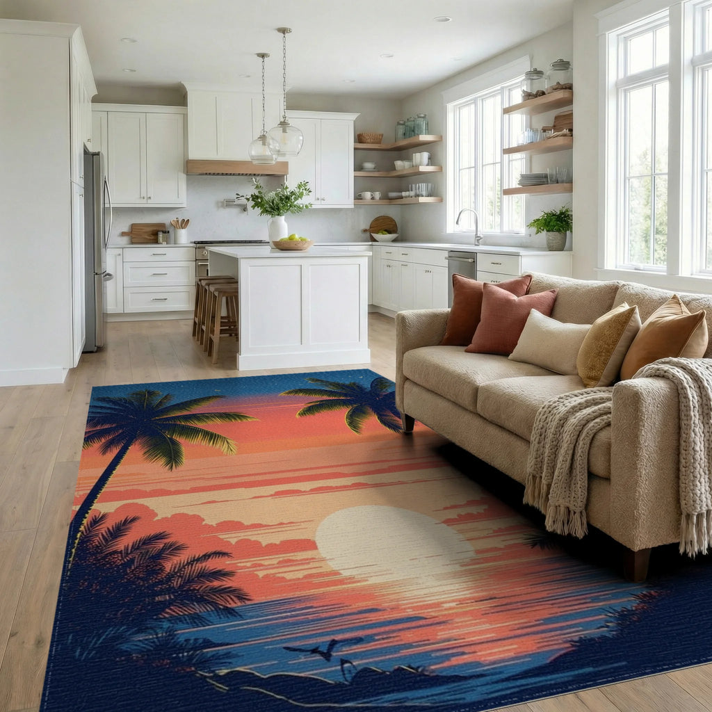 Tropical Sunset Palm Tree Landscape Rug - Living Room View