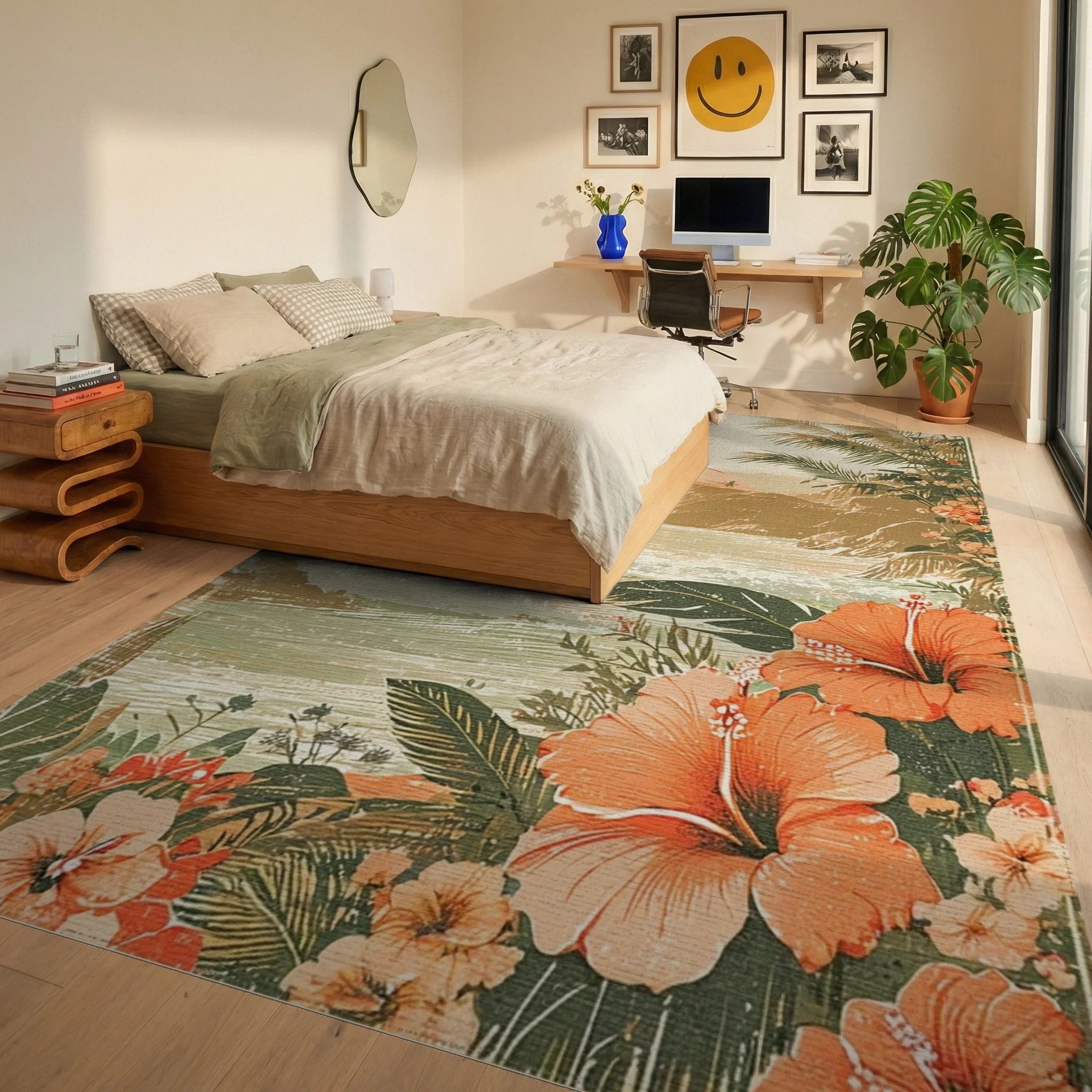 Tropical Surf Sunset Hibiscus Rug - Bedroom View