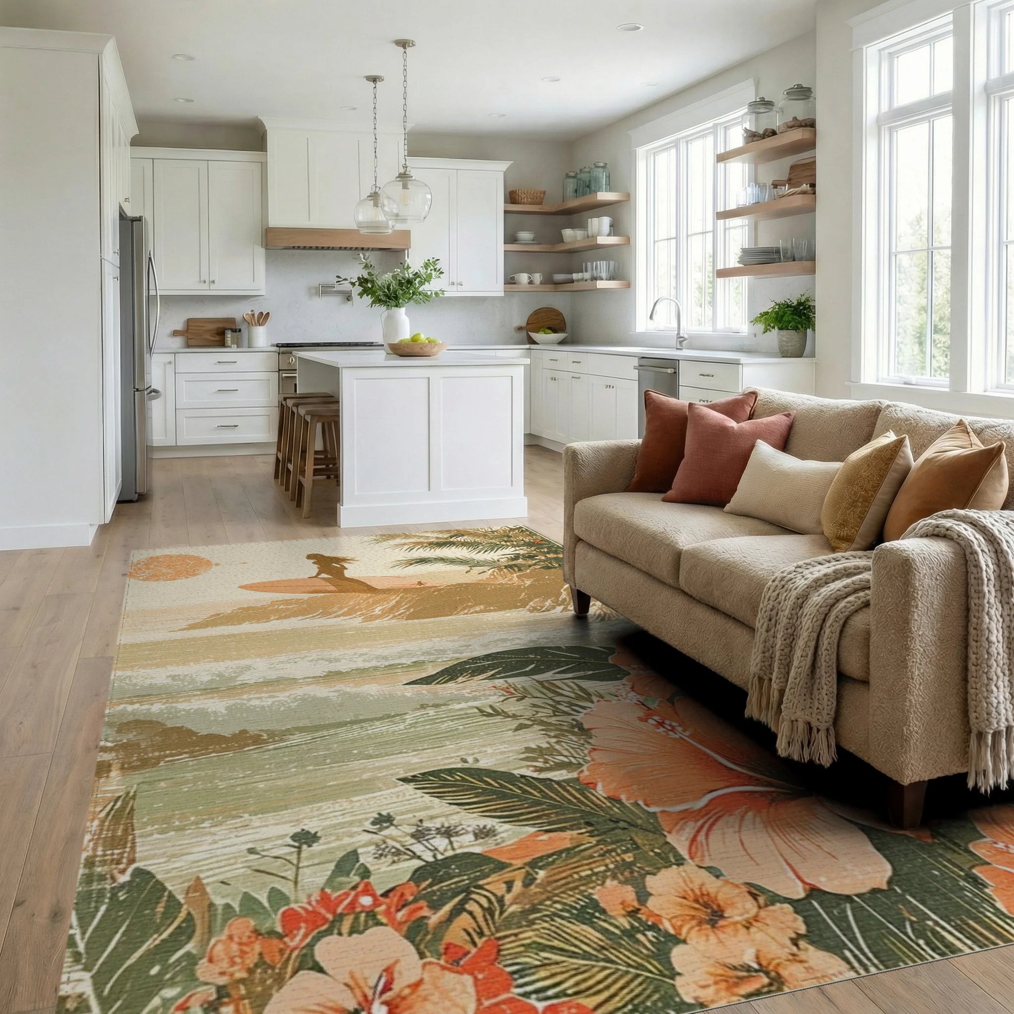 Tropical Surf Sunset Hibiscus Rug - Living Room View