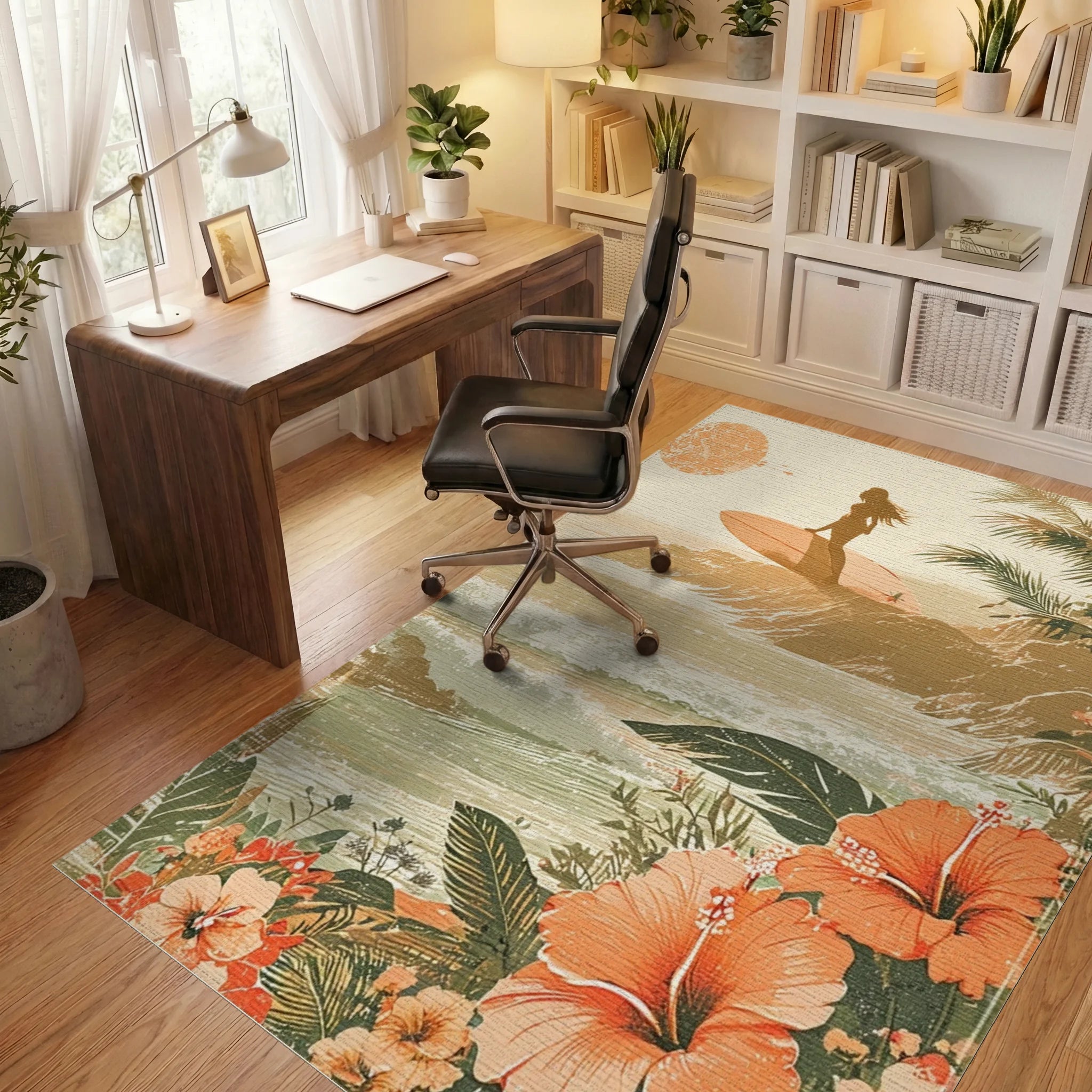 Tropical Surf Sunset Hibiscus Rug - Office View