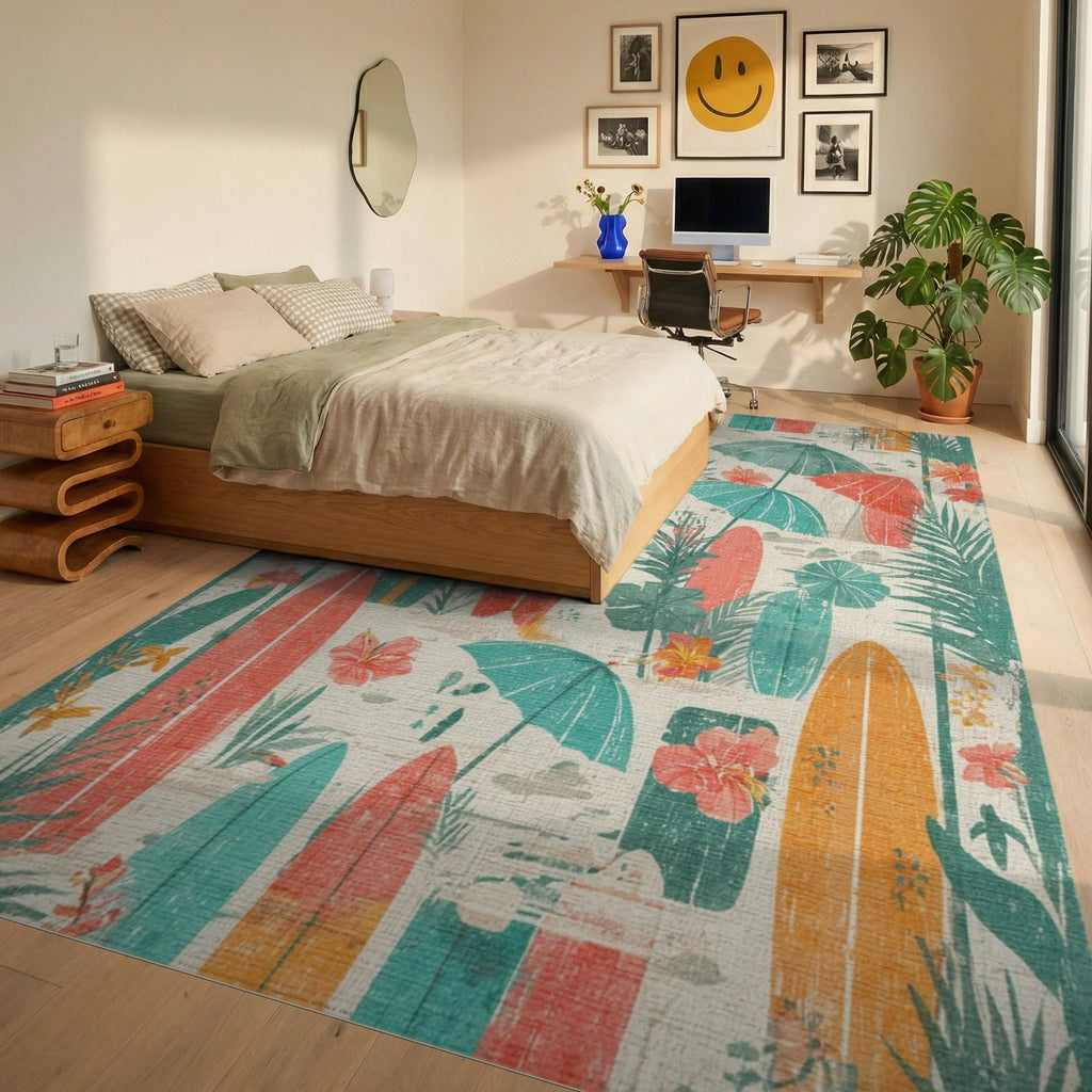 Tropical Surfboards Hibiscus Umbrella Palms Rug - Bedroom View