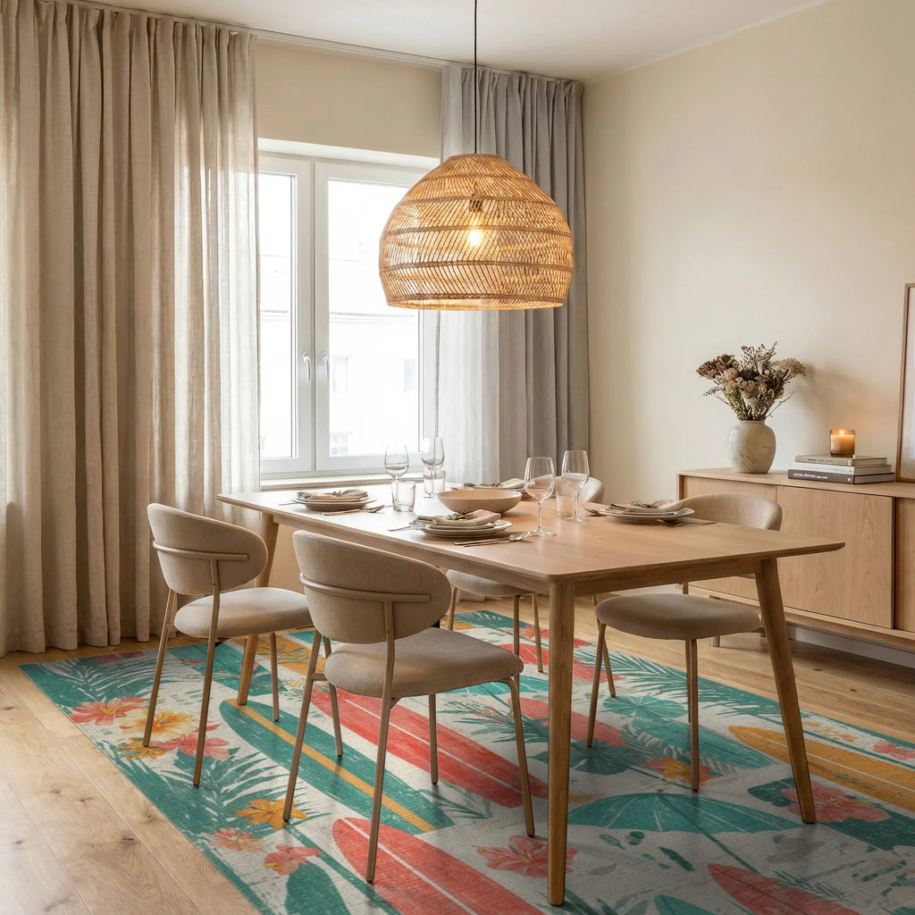 Tropical Surfboards Hibiscus Umbrella Palms Rug - Dining Room View