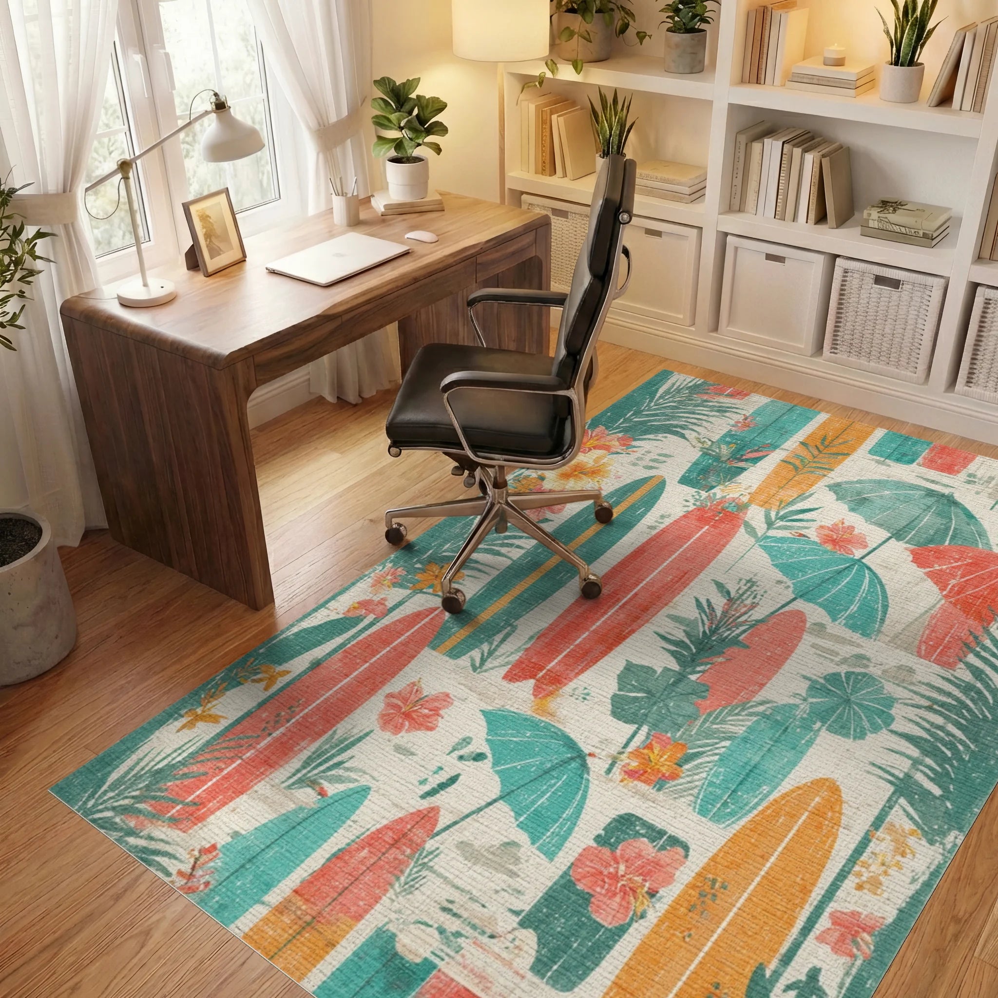 Tropical Surfboards Hibiscus Umbrella Palms Rug - Office View