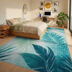 Tropical Teal Fern Leaf Pattern Rug - Bedroom View