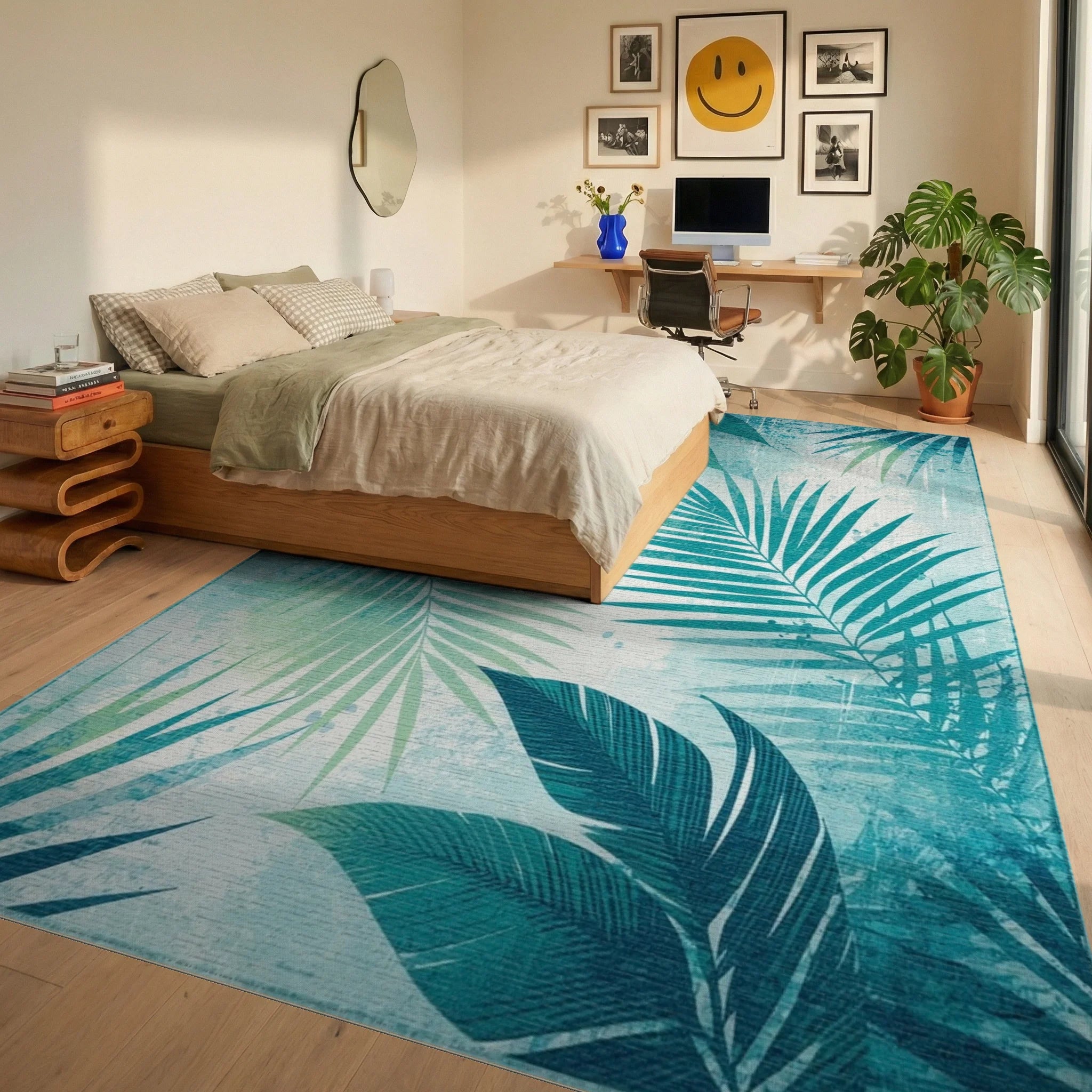 Tropical Teal Fern Leaf Pattern Rug - Bedroom View