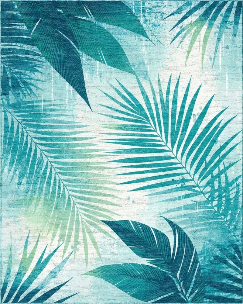 Tropical Teal Fern Leaf Pattern Rug - Cutout View