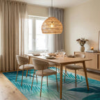Tropical Teal Fern Leaf Pattern Rug - Dining Room View