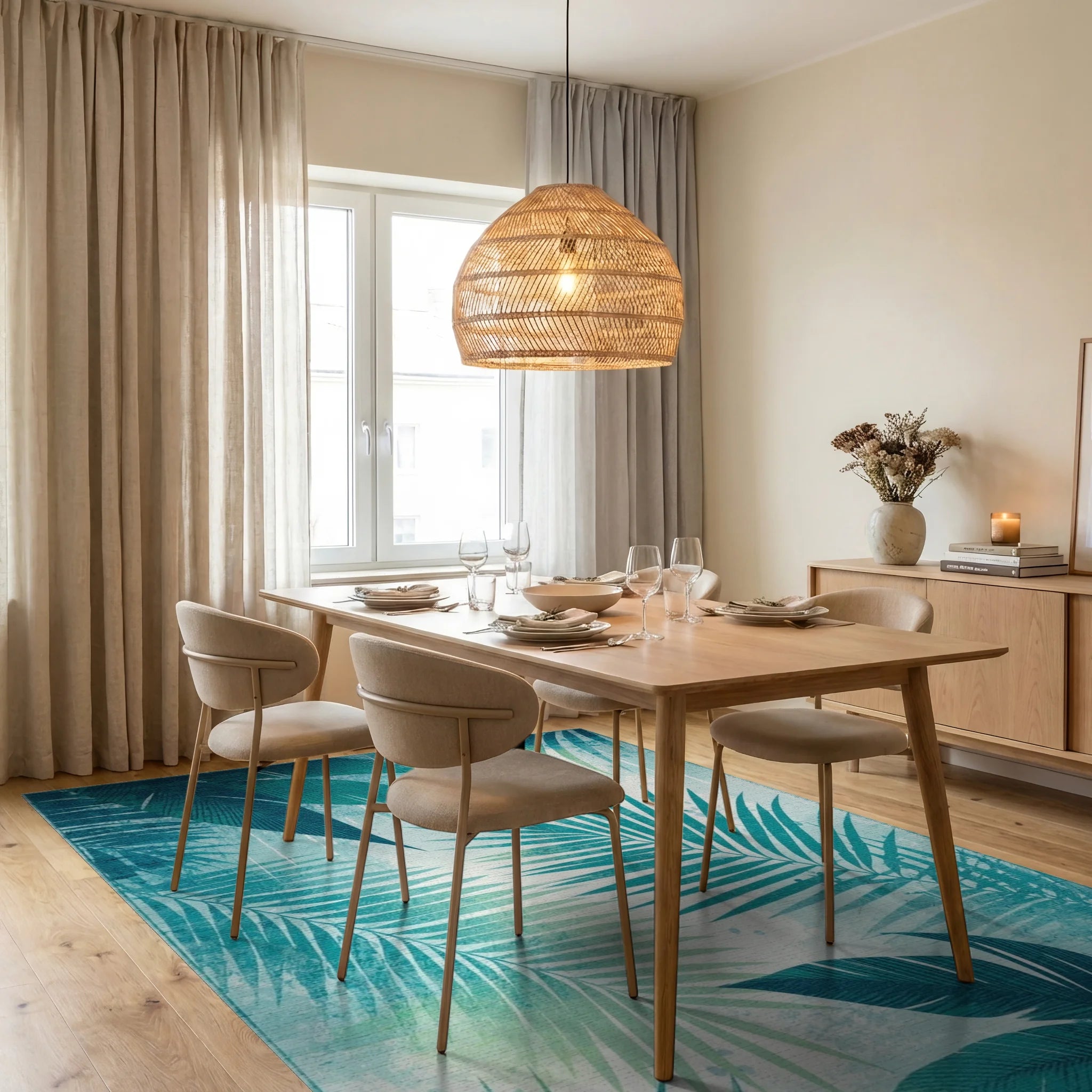 Tropical Teal Fern Leaf Pattern Rug - Dining Room View