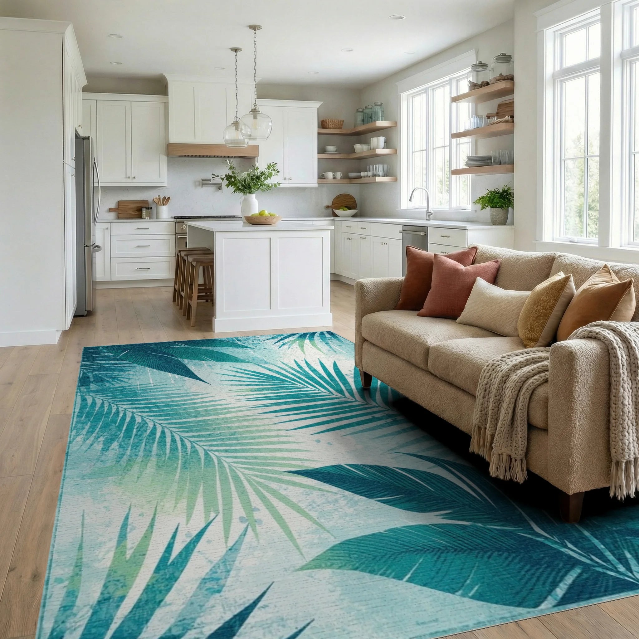 Tropical Teal Fern Leaf Pattern Rug - Living Room View