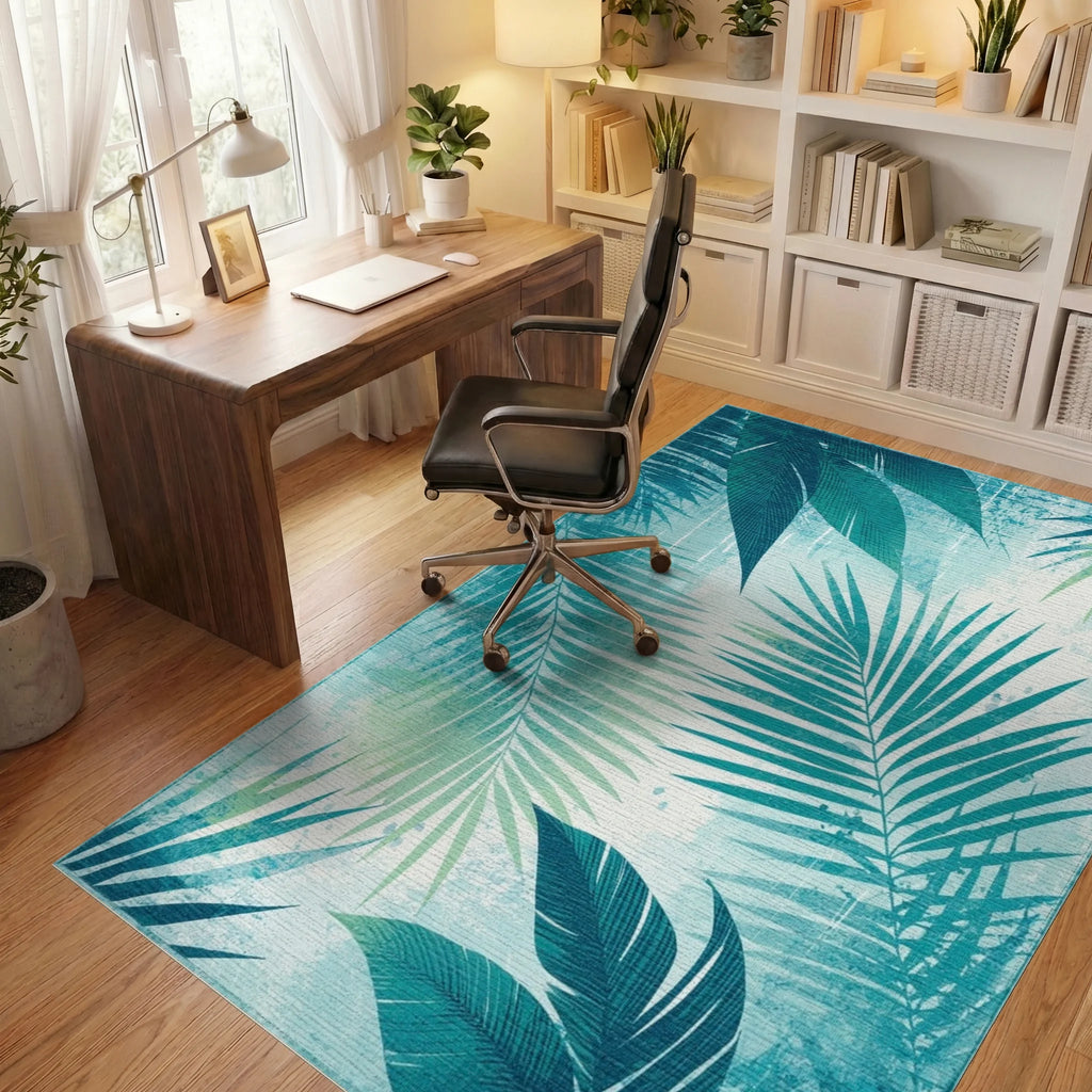Tropical Teal Fern Leaf Pattern Rug - Office View