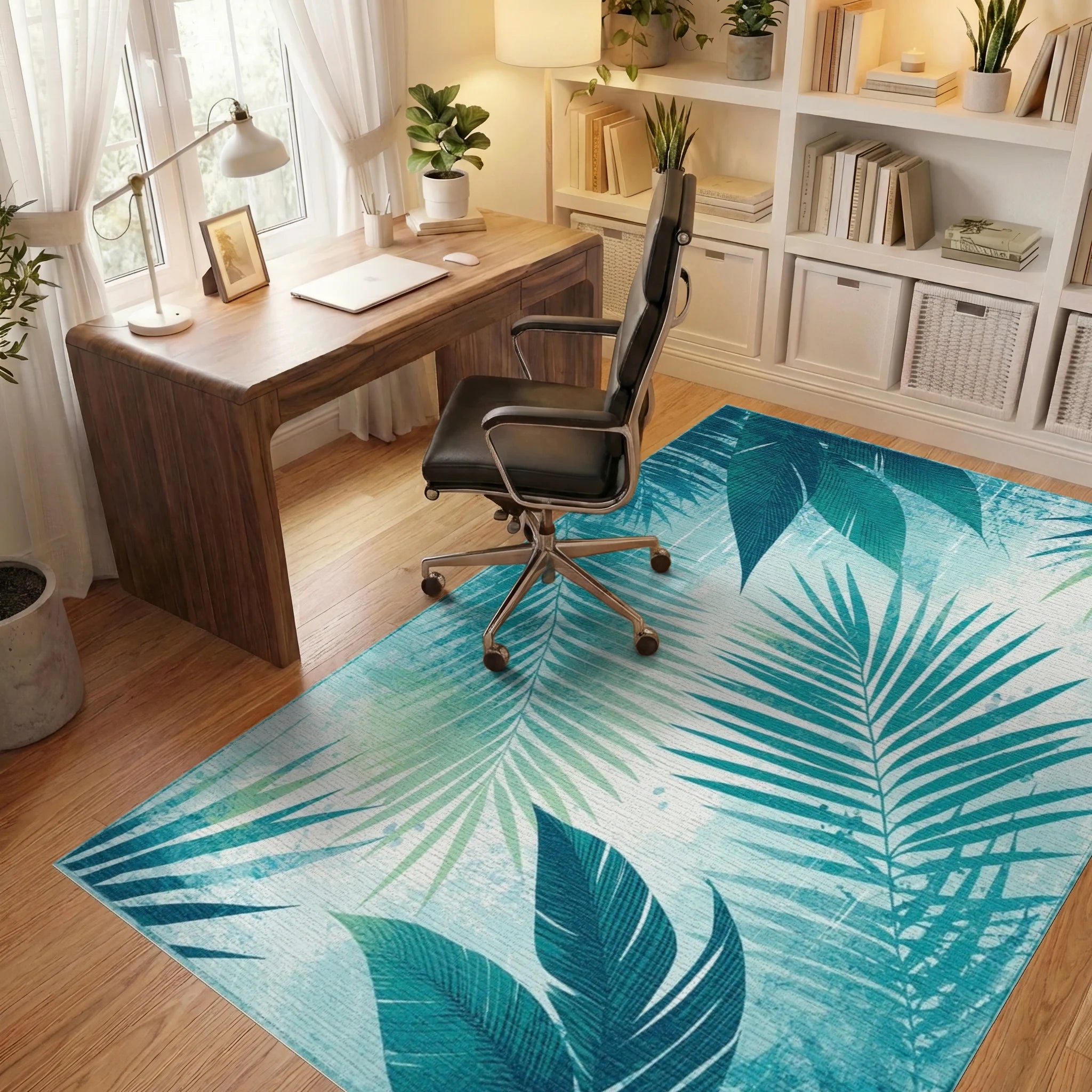 Tropical Teal Fern Leaf Pattern Rug - Office View