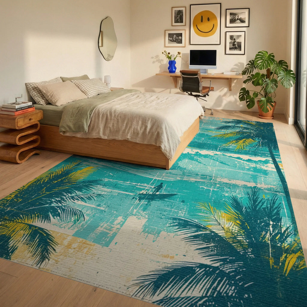 Tropical Teal Palm Ocean Scene Rug Bedroom View