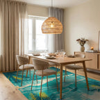 Tropical Teal Palm Ocean Scene Rug Dining Room View