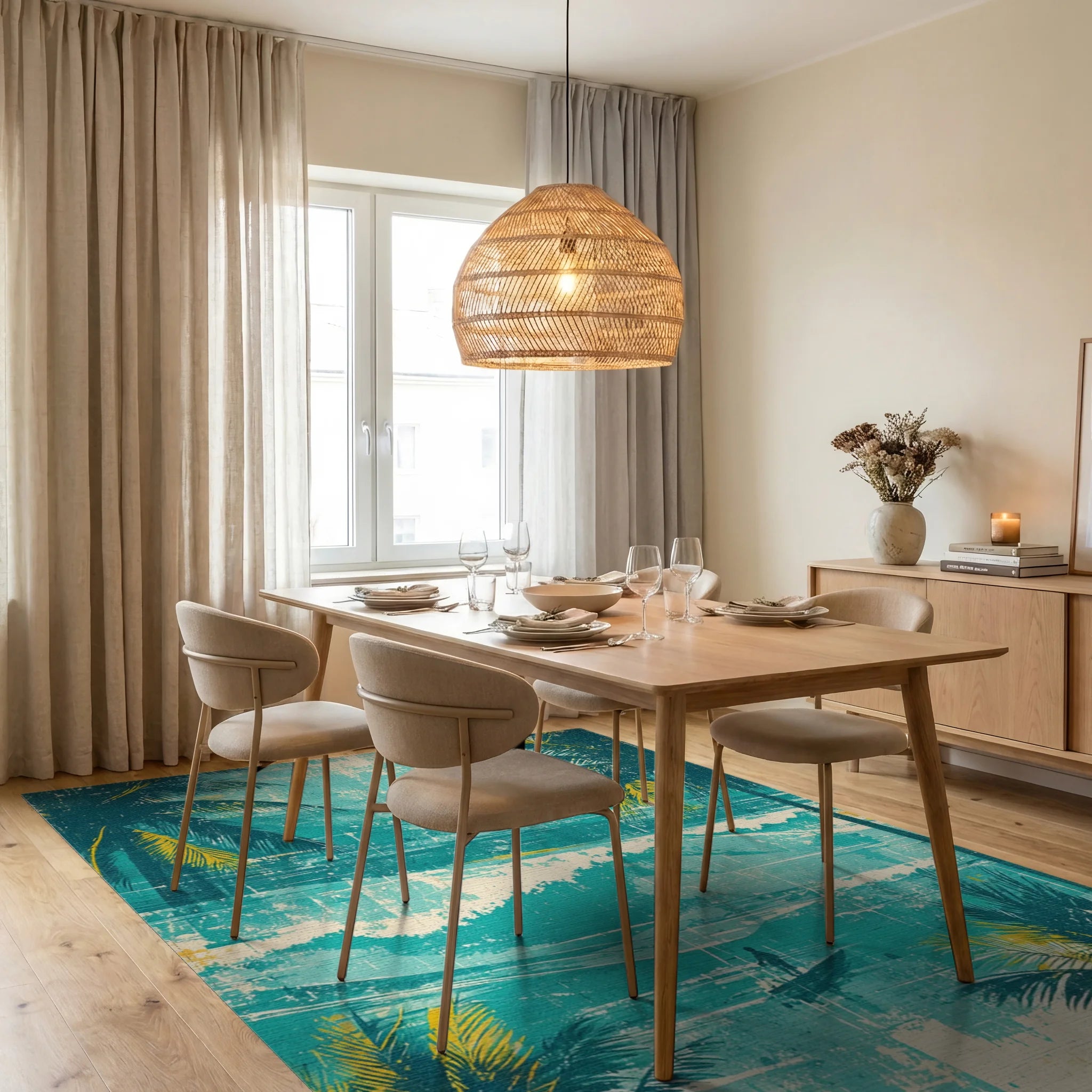 Tropical Teal Palm Ocean Scene Rug Dining Room View