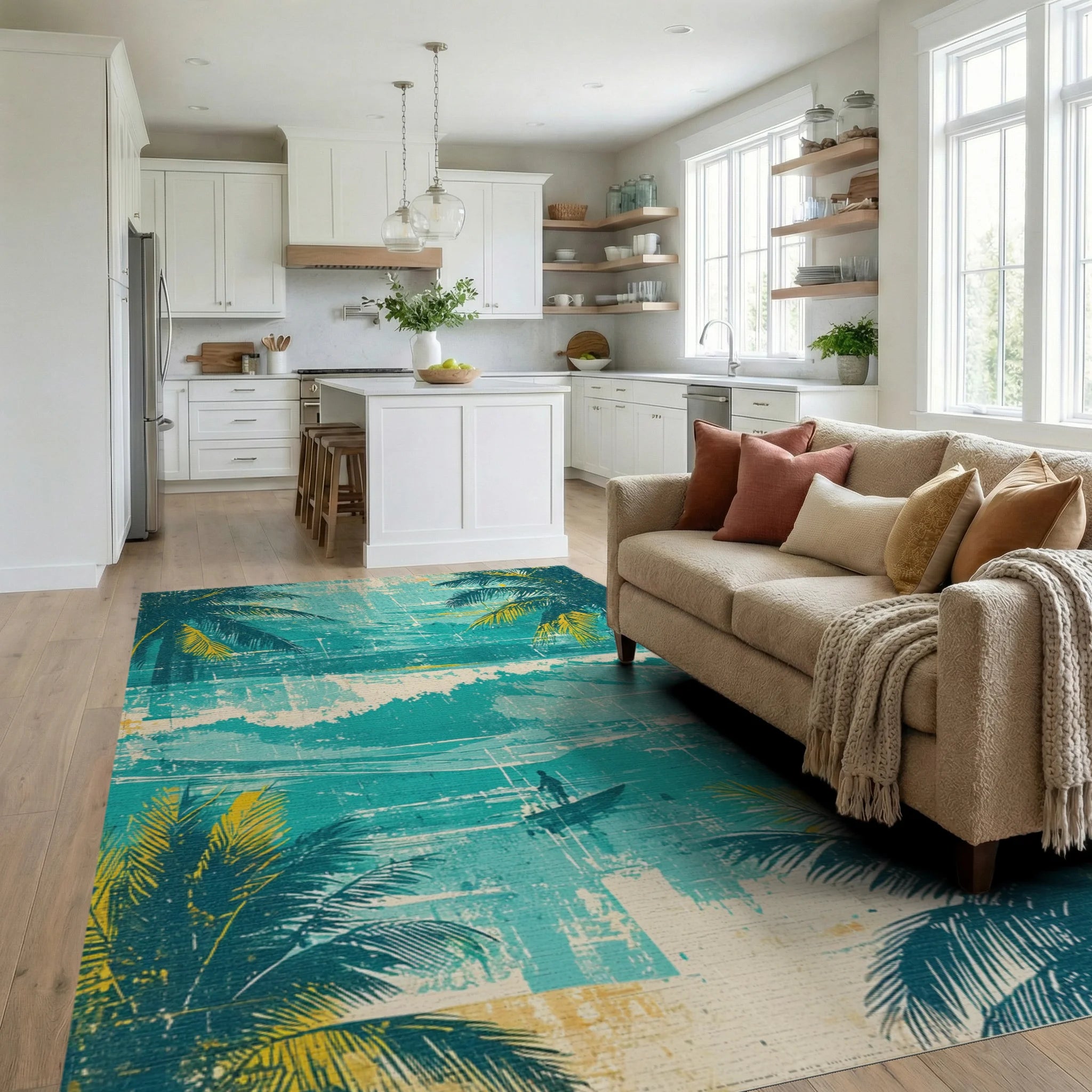 Tropical Teal Palm Ocean Scene Rug Living Room View