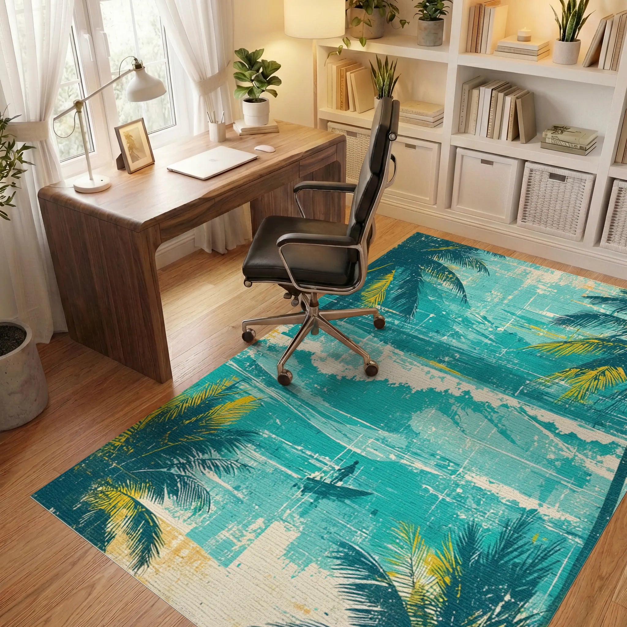 Tropical Teal Palm Ocean Scene Rug Office View