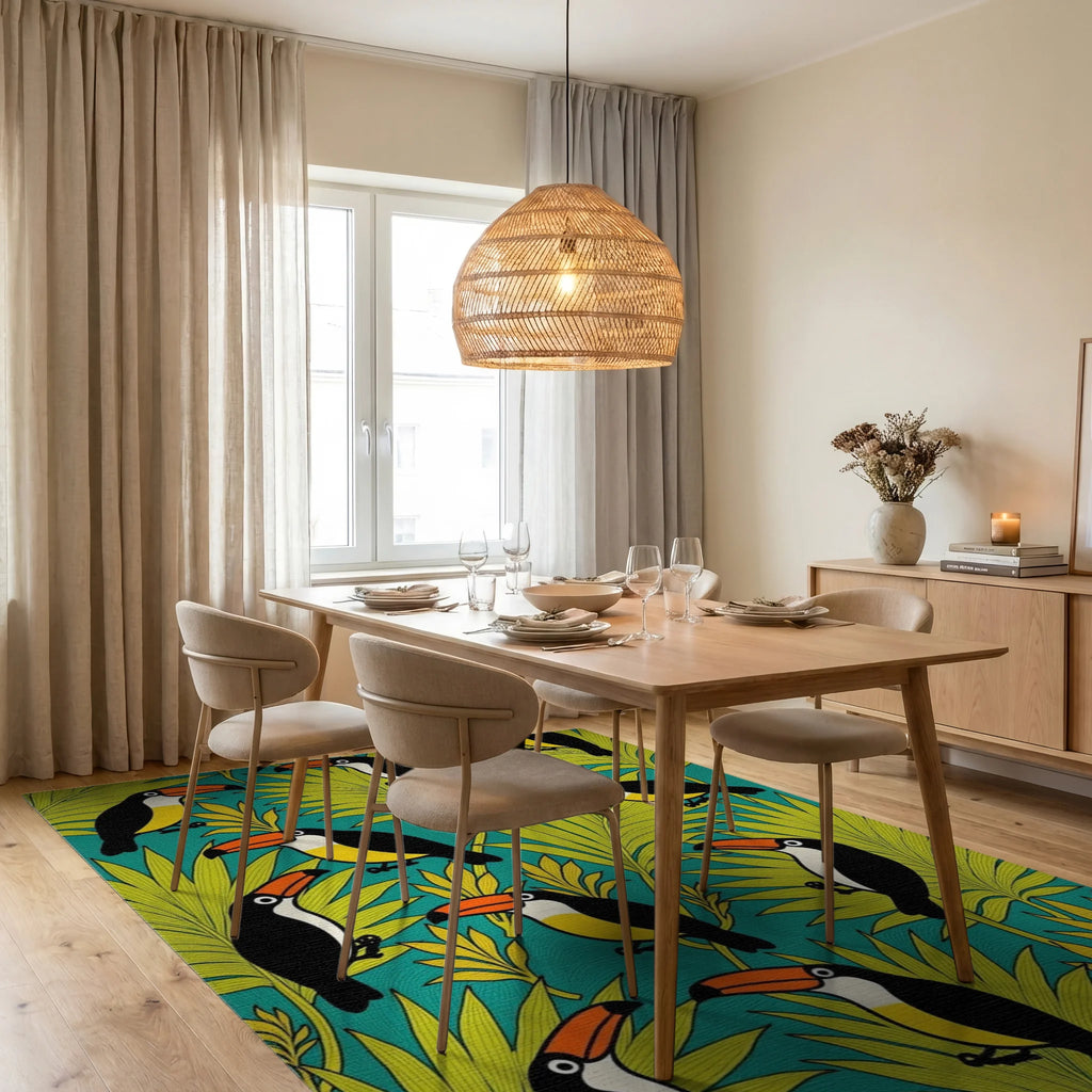 Tropical Toucan Foliage Pattern Rug Dining Room View