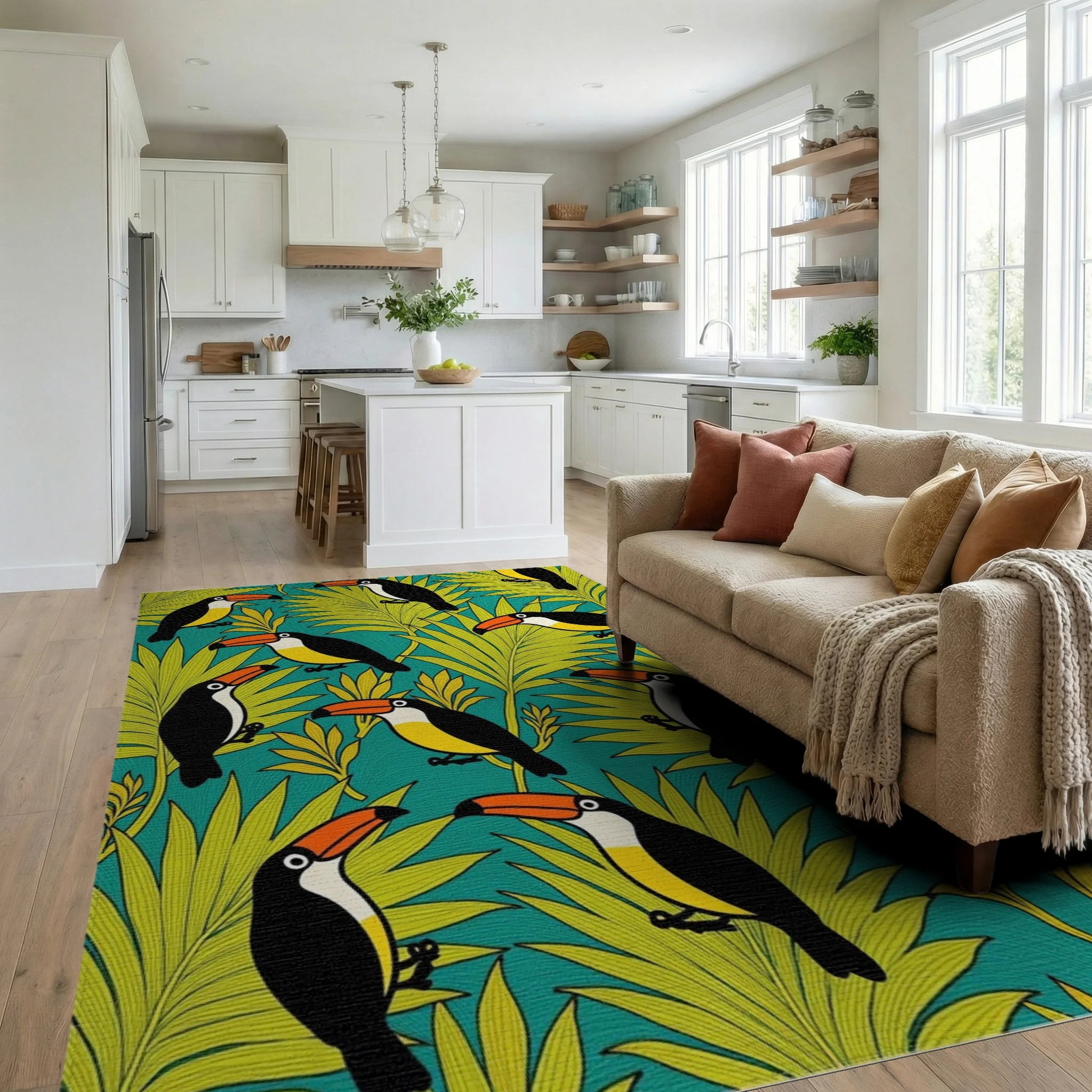 Tropical Toucan Foliage Pattern Rug Living Room View