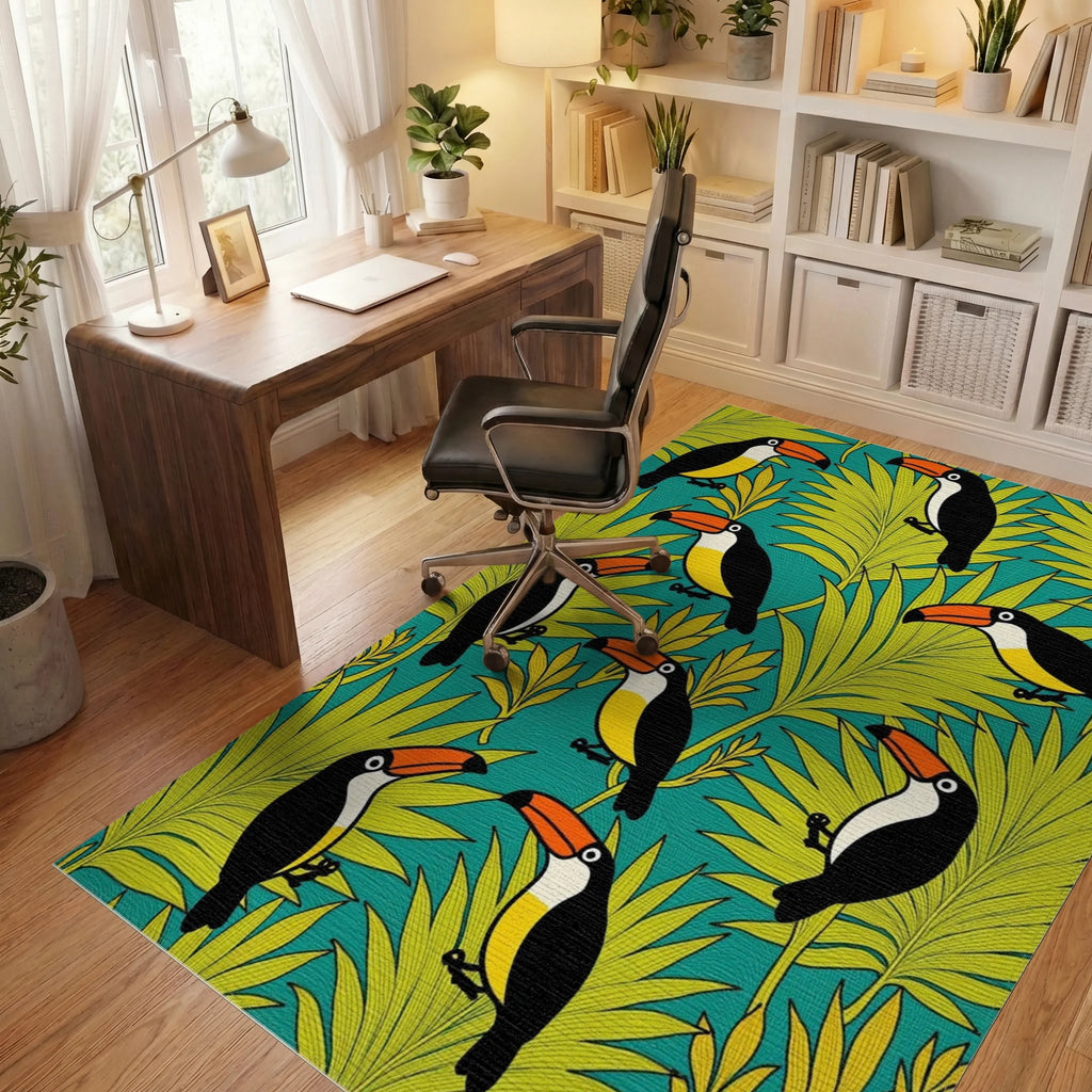 Tropical Toucan Foliage Pattern Rug Office View