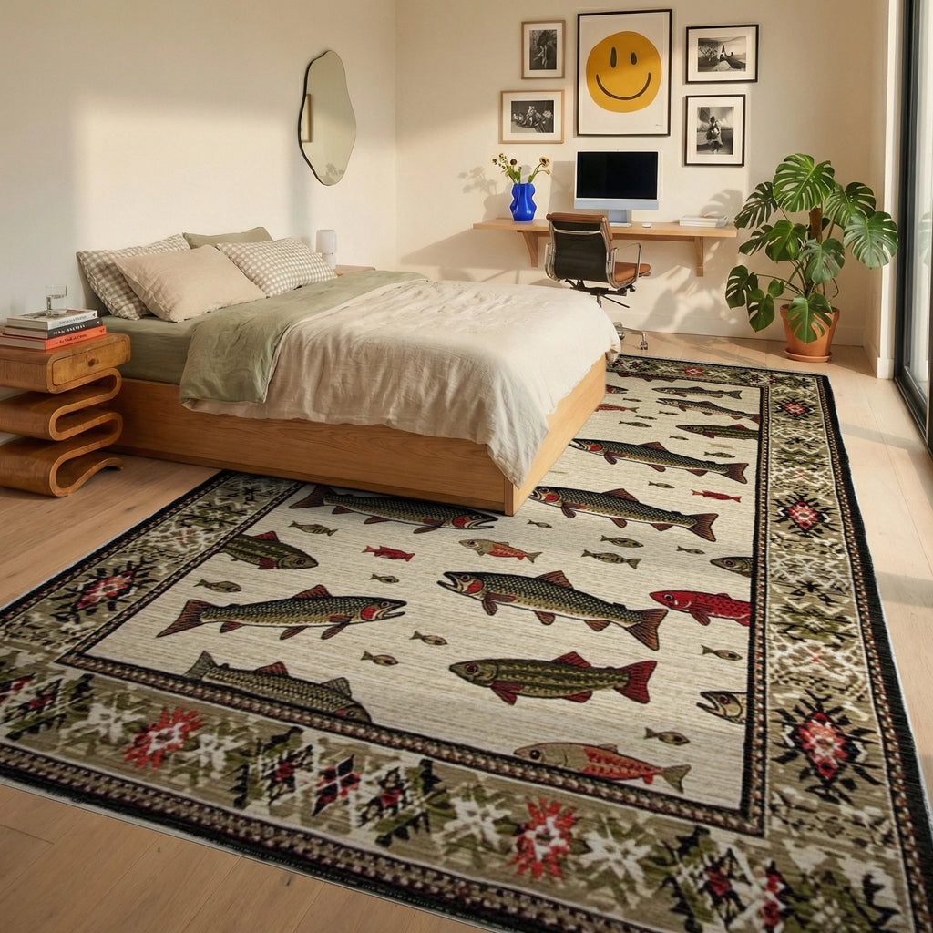 Trout Fish School Cream Combed Rug - Bedroom View