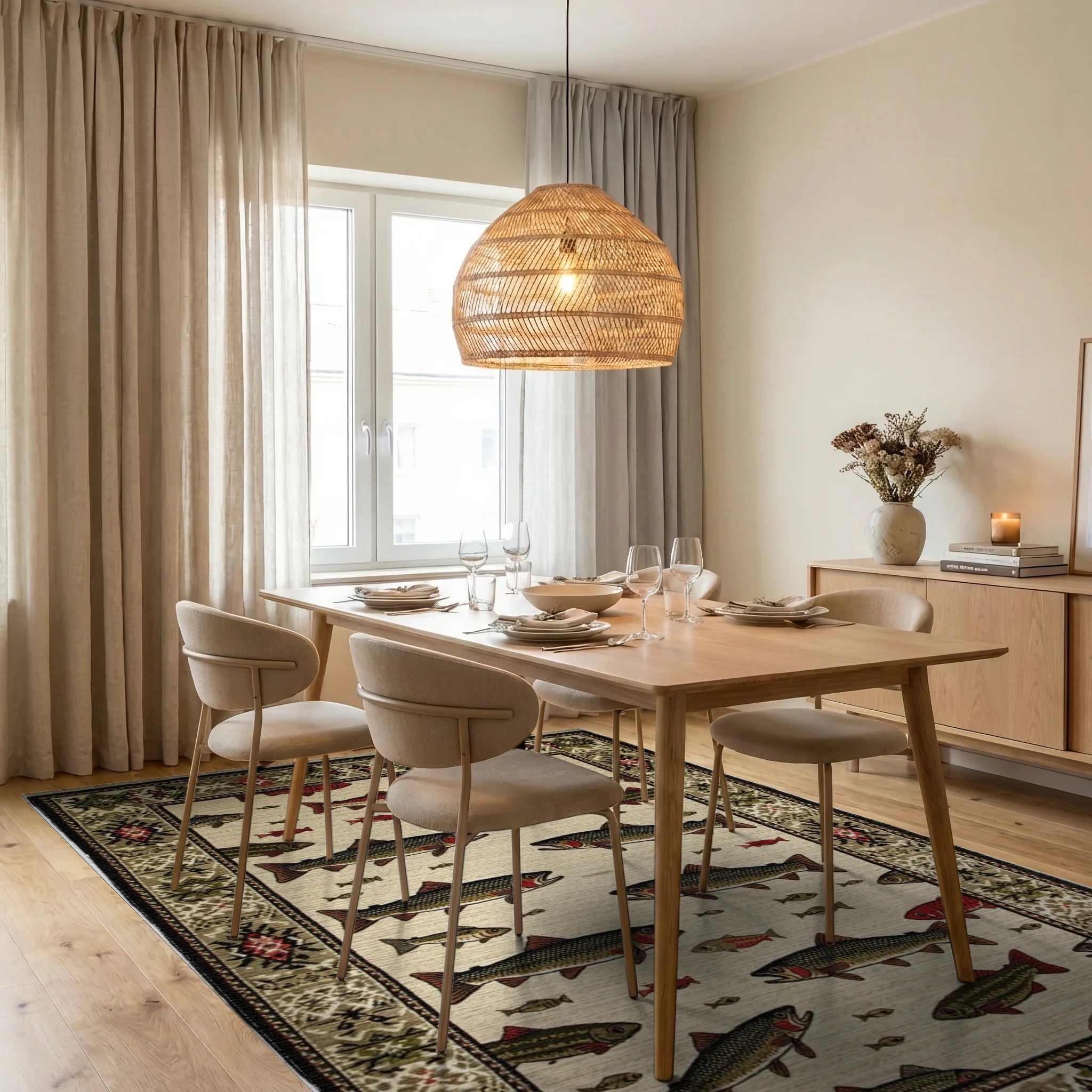 Trout Fish School Cream Combed Rug - Dining Room View