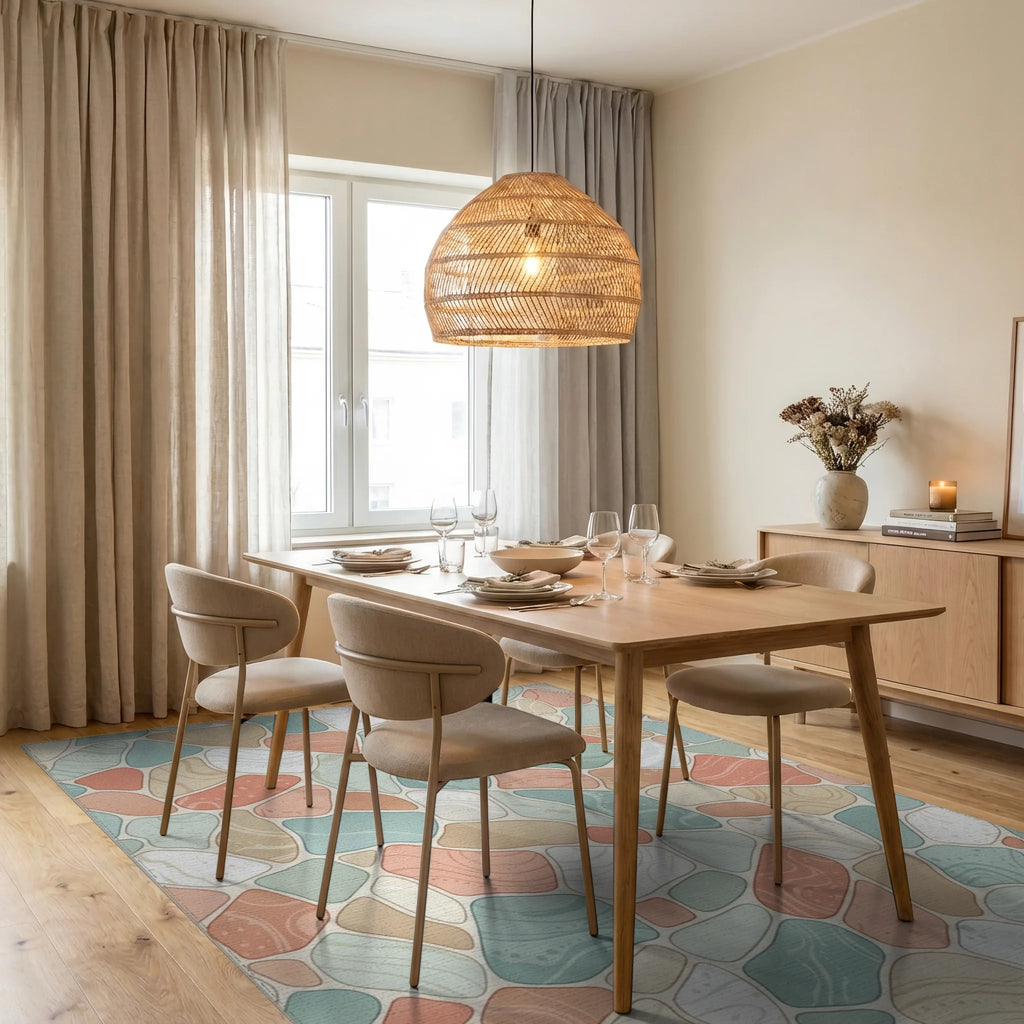 Tumbled Stone Pastel Coastal Mosaic Rug Dining Room View