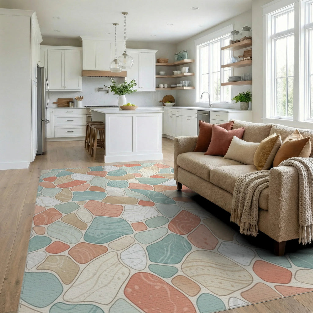 Tumbled Stone Pastel Coastal Mosaic Rug Living Room View