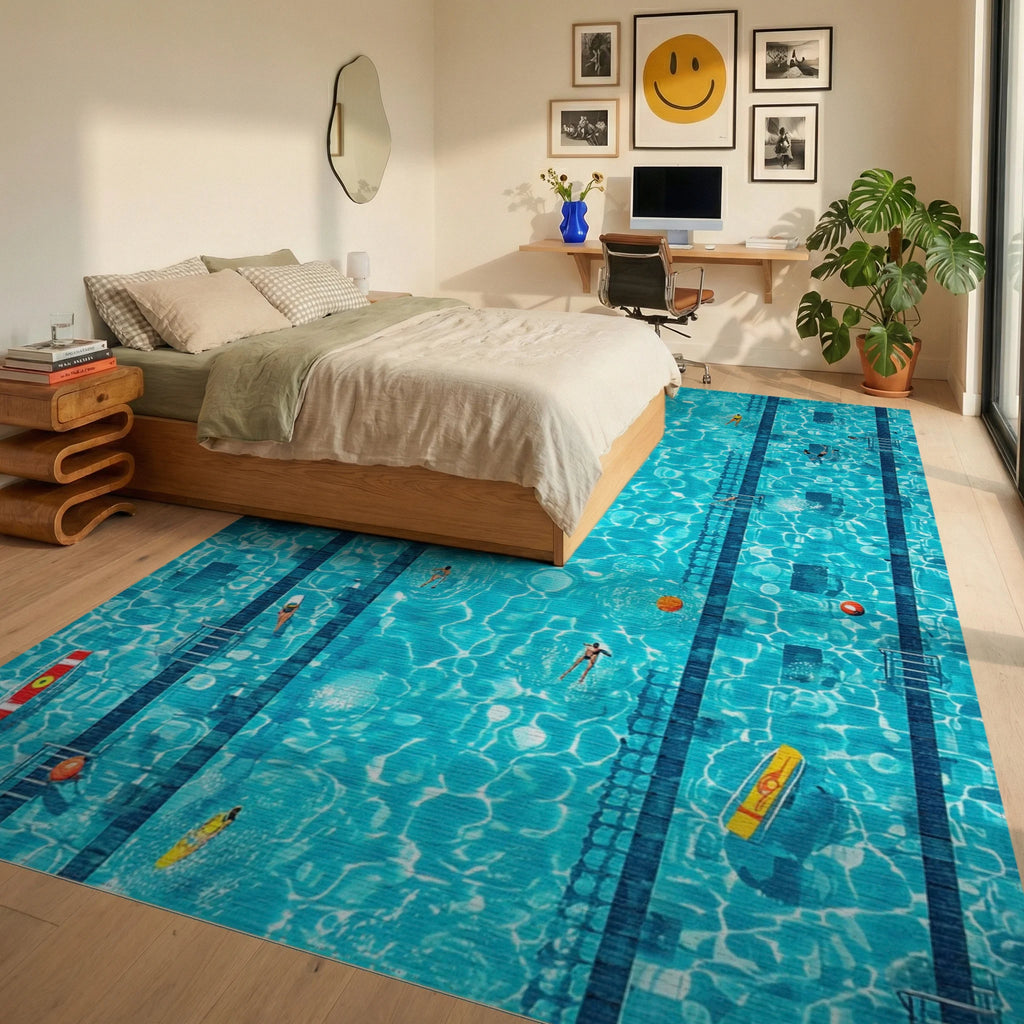 Turquoise Pool Lanes Swimmers Rug - Bedroom View
