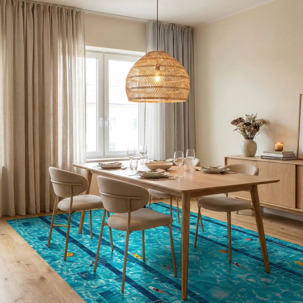Turquoise Pool Lanes Swimmers Rug - Dining Room View