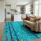 Turquoise Pool Lanes Swimmers Rug - Living Room View