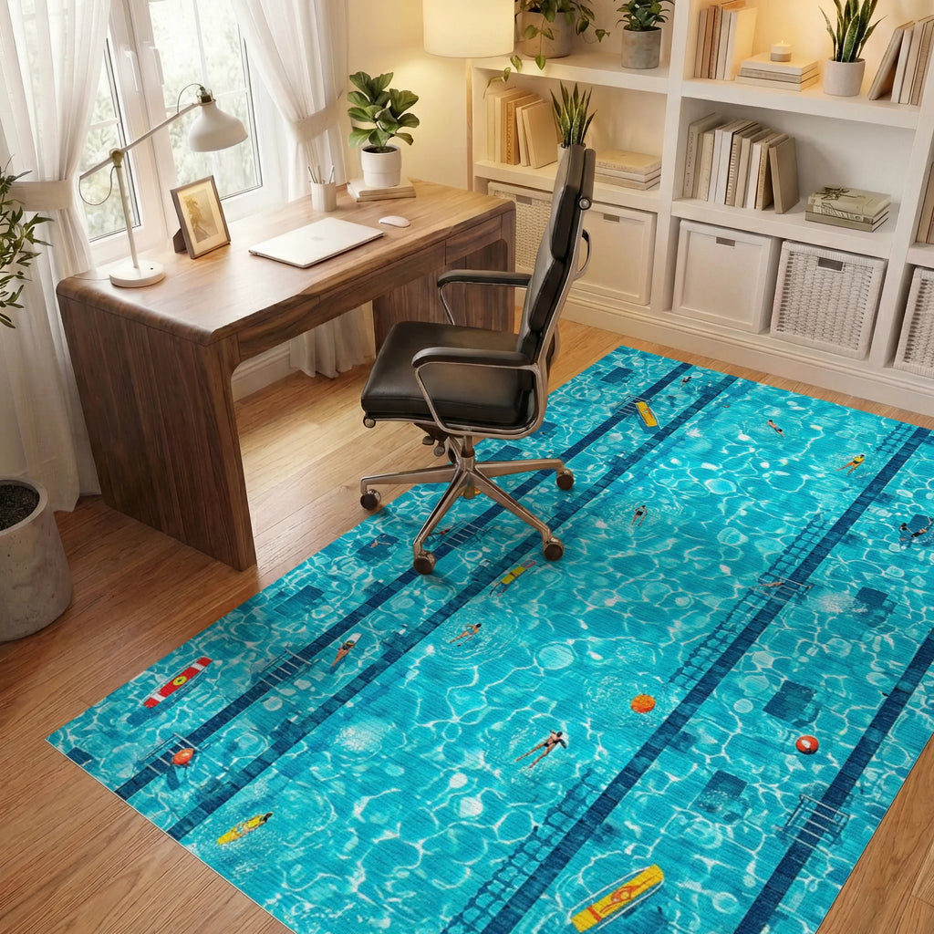 Turquoise Pool Lanes Swimmers Rug - Office View