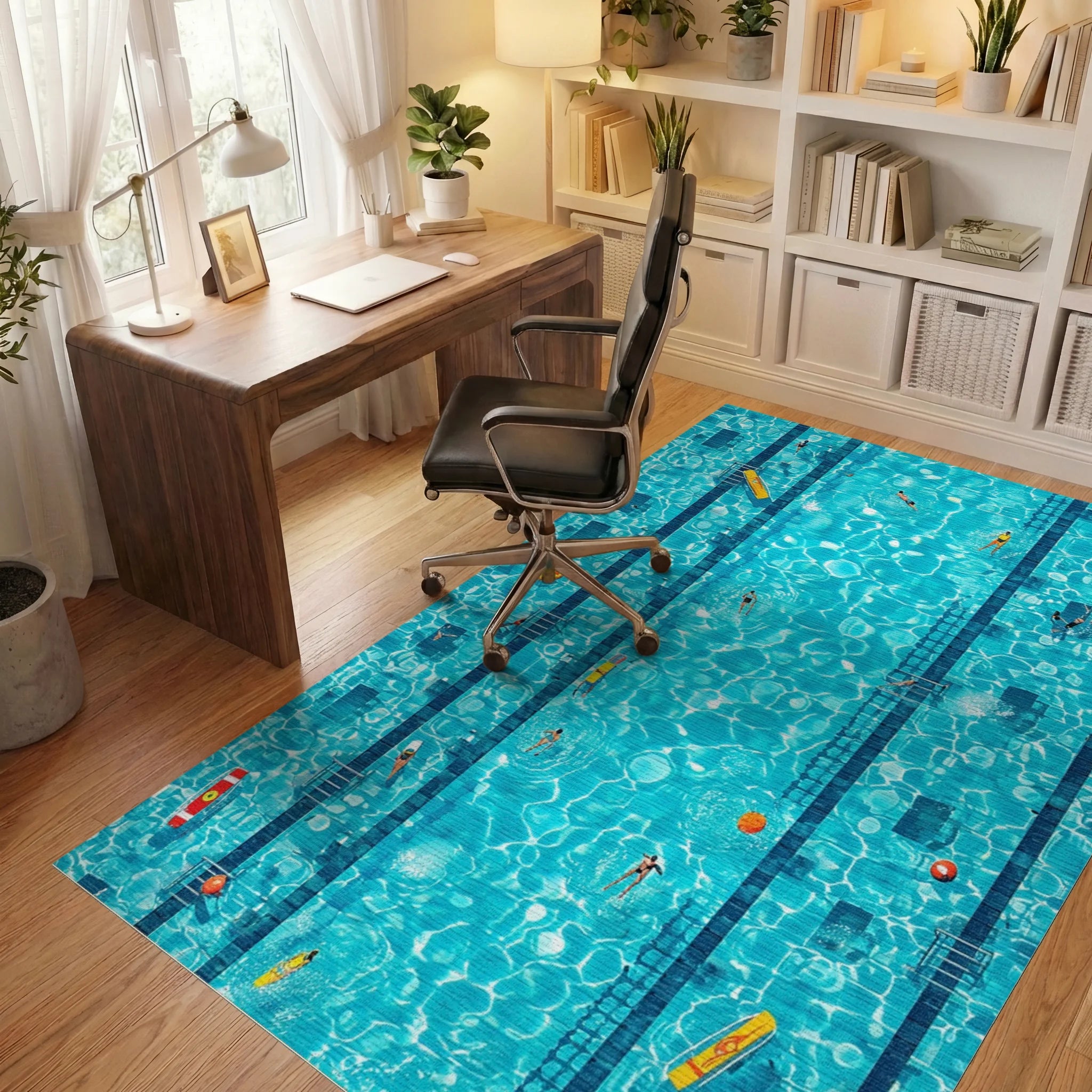 Turquoise Pool Lanes Swimmers Rug - Office View