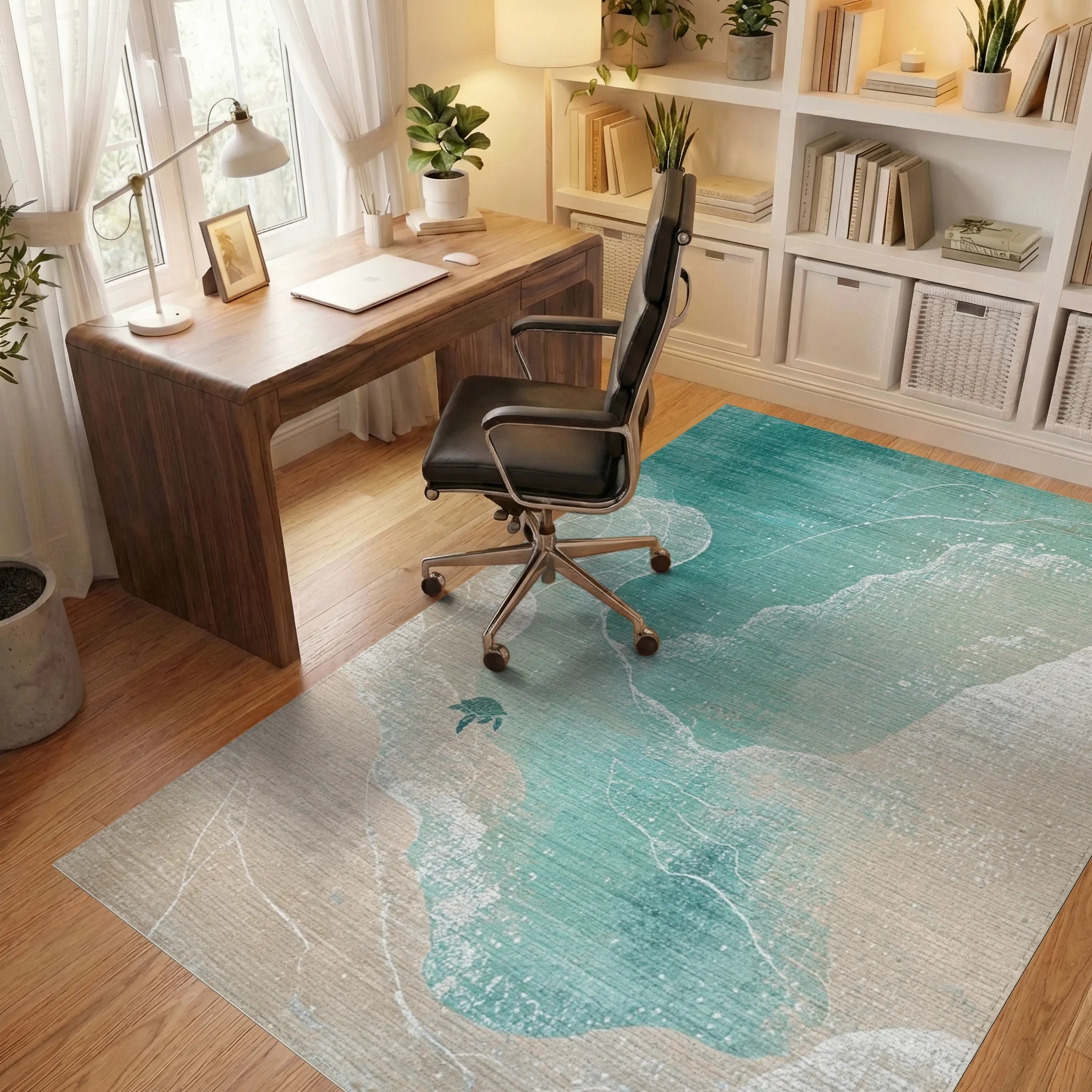 Turtle Ocean Wave Coastal Art Rug - Office View