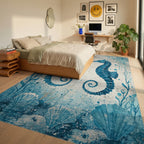Two Blue Seahorses Ocean Shells Rug - Bedroom View