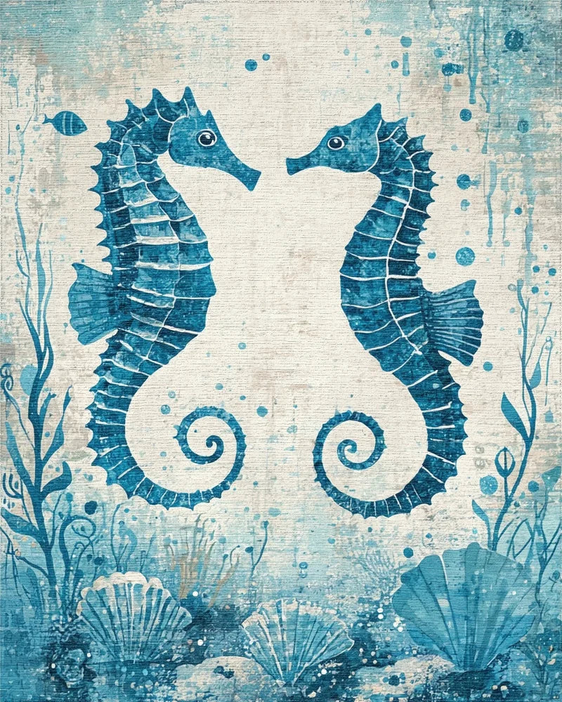 Two Blue Seahorses Ocean Shells Rug - Cutout View