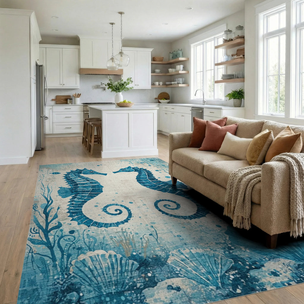 Two Blue Seahorses Ocean Shells Rug - Living Room View