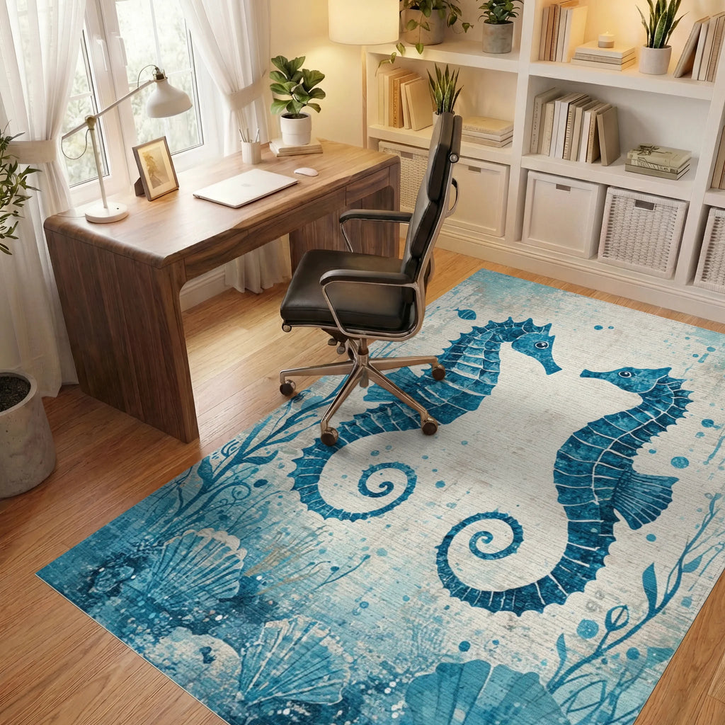 Two Blue Seahorses Ocean Shells Rug - Office View