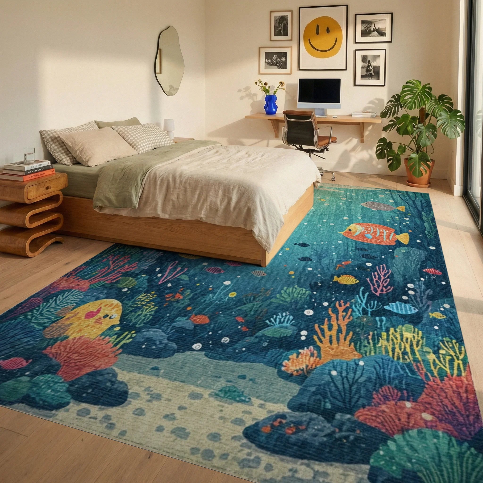 Underwater Coral Reef Fish Scene Rug - Bedroom View
